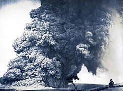 An explosive eruption column from Halema‘uma‘u crater on May 18, 1924. One of many in May 11–27, 1924.