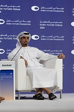 Omran Sharaf, director of the programs management, Mohammed bin Rashid Space Centre speaking at the Dubai Future Forum (2024)