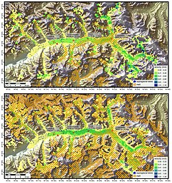 The formation of supraglacial lakes at Baltoro Glacier in April 2018 (top) had substantially accelerated its melting and motion in the following summer months (bottom)[50]