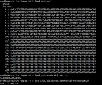 Screenshot of tpm2-software showing the reading of Platform Configuration Registers (PCRs), the getrandom result taken from TPM device, and TPM version (2.0)