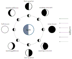 Diagram of the Moon's phases shown in the outer perimeter as seen from the northern hemisphere. The Earth is at the center of the diagram and the Moon is shown orbiting.