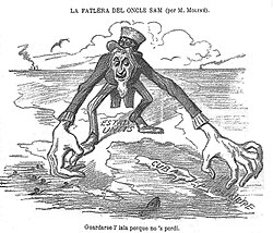 A Spanish propaganda drawing published in La Campana de Gràcia (1896) by Manuel Moliné criticizing U.S. behavior regarding Cuba. Upper text (in old Catalan) reads: "Uncle Sam's craving", and below: "To keep the island so it won't get lost".