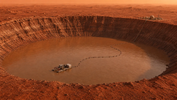 Conceptual design of mining a meteor crater with a floating dredger, on a terraformed Mars.