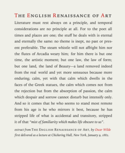 Text sample (an extract of the essay The Renaissance of English Art by Oscar Wilde) typeset in Iowan Old Style roman, italics and small caps, adjusted to approximately 10 words per line, with the typeface sized at 14 points on 1.4 x leading, with 0.2 points extra tracking