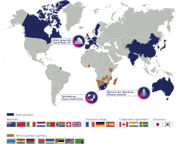 Map of the Square Kilometre Array, its membership and setup, which puts together radio telescopes in arrays for interferometric observation.