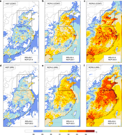Climate change is expected to exacerbate heat stress over at the North China Plain, which is particularly vulnerable as widespread irrigation results in very moist air. There is a risk that agricultural labourers will be physically unable to work outdoors on hot summer days at the end of the century, particularly under the scenario of greatest emissions and warming.[99]