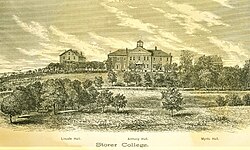 The central and largest building on campus was Anthony Memorial Hall, with Myrtle Hall, the girl's dormitory, on its north (right) side, and the boys' dormitory, Lincoln Hall, on the south (left) side. "It is so common for married couples to apply for admission to the school, that a building [unidentified] has been set apart for their especial accommodation."[7]: 461