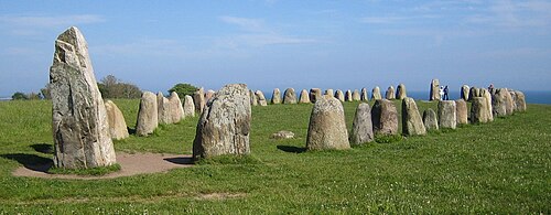 Ale's Stones at Kåseberga, around ten kilometres south east of Ystad, Sweden were dated back to approximately 1,400 years ago using the carbon-14 method on organic material found at the site.[30]
