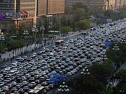 Road congestion is an issue in many major cities (pictured is Chang'an Avenue in Beijing).[79]