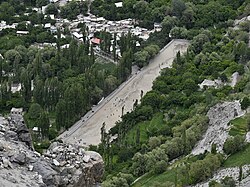 View of the Shabshi (Yabgo) Polo Ground in Khaplu Valley, as seen from Thoksikhar Mosque, Gilgit-Baltistan, Pakistan