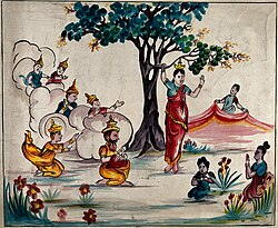 Queen Maya holds onto a branch of a tree while giving birth to the Buddha, who is received by the Śakra as other gods look on.