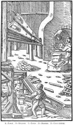 Woodcut image showing man at open hearth with tongs and machine bellows to the side in background, man at water-operated hammer with quenching sluice nearby in foreground