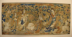 The ornate clothing of these four women suggests they are Immortals. The osmanthus leaf held by the largest figure on the right identifies her as Chang'e, the Moon Goddess. She dwells in her celestial palace along with the rabbit that prepares the elixir of immortality.