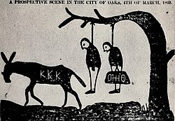 An 1869 cartoon published in The Independent Monitor of Tuscaloosa, Alabama, threatening the lynching of carpetbaggers by the Ku Klux Klan