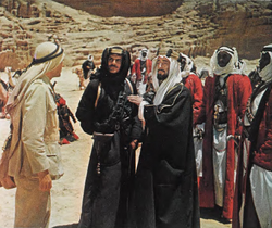Guinness (foreground, third from right) with Peter O'Toole (left) and Omar Sharif in Lawrence of Arabia