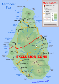 Map of Montserrat, showing the exclusion zone following the eruption[when?]