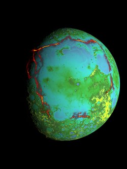 Gravity anomalies (red) bordering the Procellarum region overlaid on a global elevation map