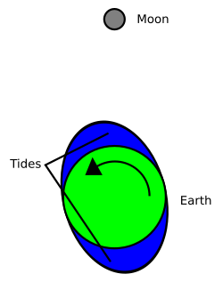 Diagram of the Earth–Moon system showing how the tidal bulge is pushed ahead by Earth's rotation. This offset bulge exerts a net torque on the Moon, boosting it while slowing Earth's rotation.