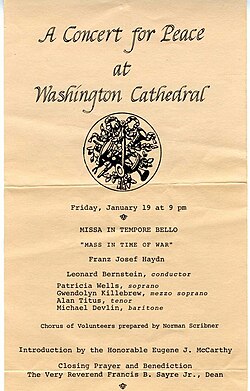 Program from "A Concert For Peace at Washington Cathedral", January 19, 1973