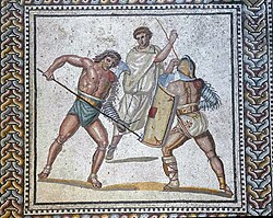 Gladiator combat was strictly a spectator sport. This mosaic shows combatants and referee, from the villa at Nennig, Germany, c. 2nd–3rd century AD.