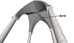 A groin vault viewed from the underside, showing the arris or 'groin'