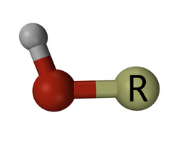 Representation of an organic compound hydroxy group, where R represents a hydrocarbon or other organic moiety, the red and grey spheres represent oxygen and hydrogen atoms respectively, and the rod-like connections between these, covalent bonds.