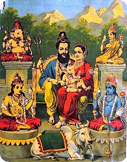 Oleograph by Raja Ravi Varma depicting a Shiva-centric Panchayatana. A bearded Shiva sits in the centre with his wife Parvati and their infant son Ganesha; surrounded by (clockwise from left upper corner) Ganesha, Devi, Vishnu, and Surya. Shiva's mount is the bull Nandi below Shiva.