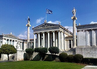The modern Academy of Athens, next to the University of Athens and the National Library forming 'the Trilogy', designed by Schinkel's Danish pupil Theofil Hansen, 1885, in Greek Ionic, academically correct even to the polychrome sculpture