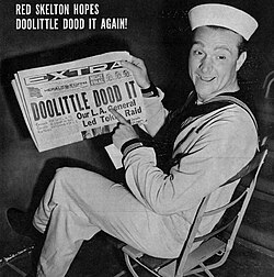 Skelton with "Doolittle Dood It!" newspaper headline, 1942