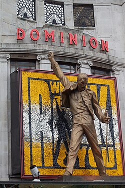 Statue of Mercury at the West End's Dominion Theatre where Queen and Ben Elton's musical We Will Rock You was performed from 2002 to 2014