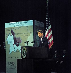 Kennedy speaking in a televised press conference on the situation in Southeast Asia, c. March 23, 1961
