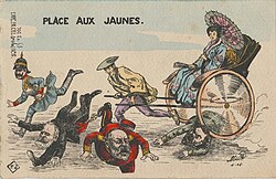 French postcard captioned "Make way for the yellows" shows Japanese imperialism running over four great nations of Europe—Russia, Britain, France, and Germany
