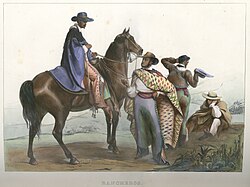 The ranchero on horseback wears botas de campana or botas vaqueras; notice the handle of his dagger sticking out of the bota (1834).
