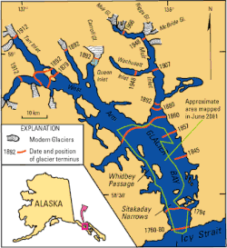 Map of Glacier Bay. Red lines show glacial terminus positions and dates during retreat of the Little Ice Age glacier.