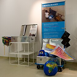 UNICEF School in a box contains basic educational items for one teacher and 40 students.