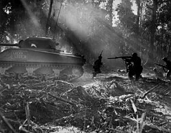 U.S. soldiers hunting for Japanese infiltrators during the Bougainville Campaign