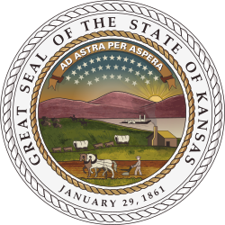 The Great Seal of the State of Kansas was established by the legislature on May 25, 1861. The design was submitted by Senator John James Ingalls. He also proposed the state motto, "Ad astra per aspera", which means "to the stars through difficulty".