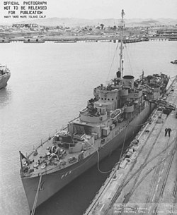 The Tacoma-class patrol frigate USS Hoquiam (PF-5) at Mare Island Navy Yard, Vallejo, California, on 14 June 1944. Transferred at Cold Bay, on 16 August 1945, she became EK-13 in the Soviet Navy, and was returned to the United States in 1949. The patrol frigates were the largest, most heavily armed, and most expensive ships transferred in Project Hula.[8]