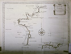 Map of France presented in 1684, showing the outline of a previous map (Sanson, light outline) compared to the new survey by Cassini and Picard using the moons of Jupiter as timing reference (heavier, shaded outline). The King of France reportedly quipped that the astronomers had taken more territory from him than his enemies.[22]