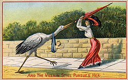 "And the villain still pursues her." Satirical Victorian era postcard.