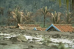 The aftermath of a lahar from the 1982 eruption of Galunggung, Indonesia