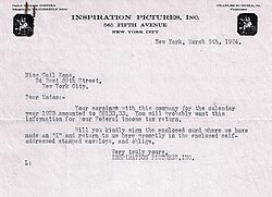 Letter from Inspiration Pictures Inc. informing Gail Kane of her 1923 earnings for The White Sister.