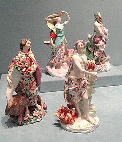 Rococo set of personification figurines of the Four Elements, 1760s, Chelsea porcelain