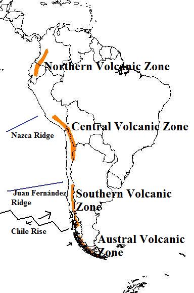 Map of the volcanic arcs in the Andes and subducted structures affecting volcanism