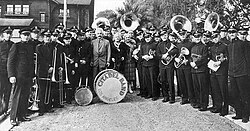 Albert Einstein and a Salvation Army band before a performance at the Rose Parade, 1926.