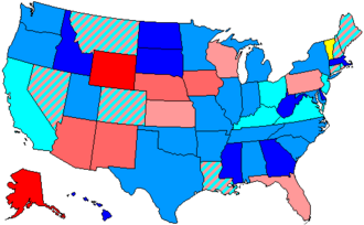 House seats by party holding majority in state 80+ -100% Republican 80+ -100% Democratic 60+ -80% Republican 60+ -80% Democratic 50+ -60% Republican 50+ -60% Democratic striped: evenly split 100% independent
