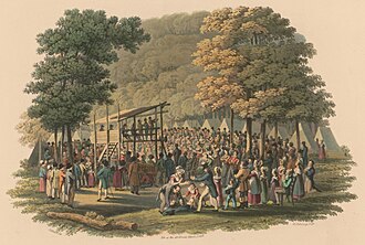 Methodist preachers were known for promulgating the doctrines of the new birth and entire sanctification to the public at events such as tent revivals, brush arbor revivals and camp meetings (depicted here in an engraving), which they believe is the reason that God brought them into existence.[16]