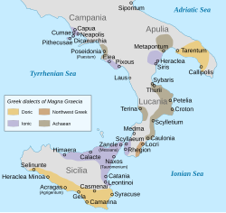 Ancient Greek colonies, among Neápolis, and their dialect groupings in Magna Graecia.