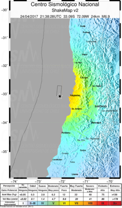 Rupture of the earthquake off the coast of Valparaíso.