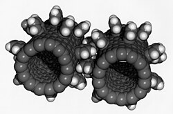 Computer simulation of nanogears made of fullerene molecules. It is hoped that advances in nanoscience will lead to machines working on the molecular scale.